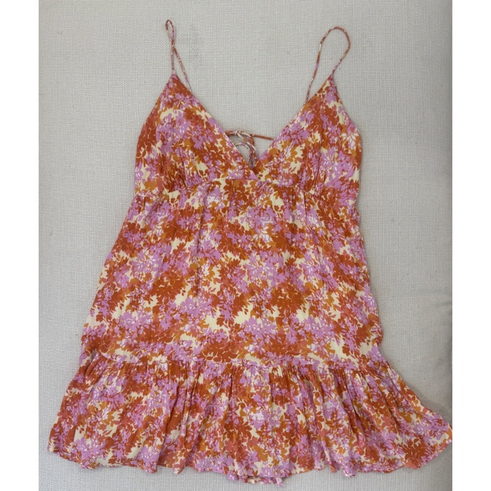 L Space Floral Mini Dress Womens Large Pink Orange Ruffle Back Tie Excellent